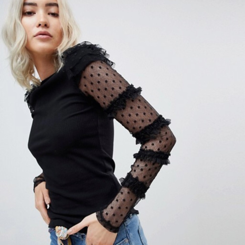 FREE PEOPLE Kiss Kiss Ruffle Lace Trim Mesh Top XS - Picture 3 of 9